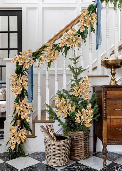 5 Pcs Fake Leaves Plants for Christmas Decor 20 Inch Metallic Gold Artificial Magnolia and Bay Leaves Faux Tropical Leaves with Stems for Holiday Party Decor Christmas Mantle Garland Wreath - Gold