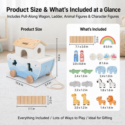 Thirrni Wooden Noah’s Ark Toy for Toddlers 1-3, Montessori Animal Shape Sorter with 8 Pairs of Animals, Noah Figures, Rainbow, Ladder and Lacing Rope, Baptism Birthday Christian Gift for Boys Girls