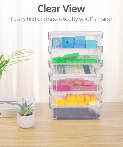 Sooez 6 Pack Small Plastic Containers with Lids, 6.4" x 4.4" x 2.7", Clear Crayon Box Pencil Pouch, Stackable Stroage Organizer for Beads Craft and Art Supplies, Storage Bins for Jewelry and Stickers
