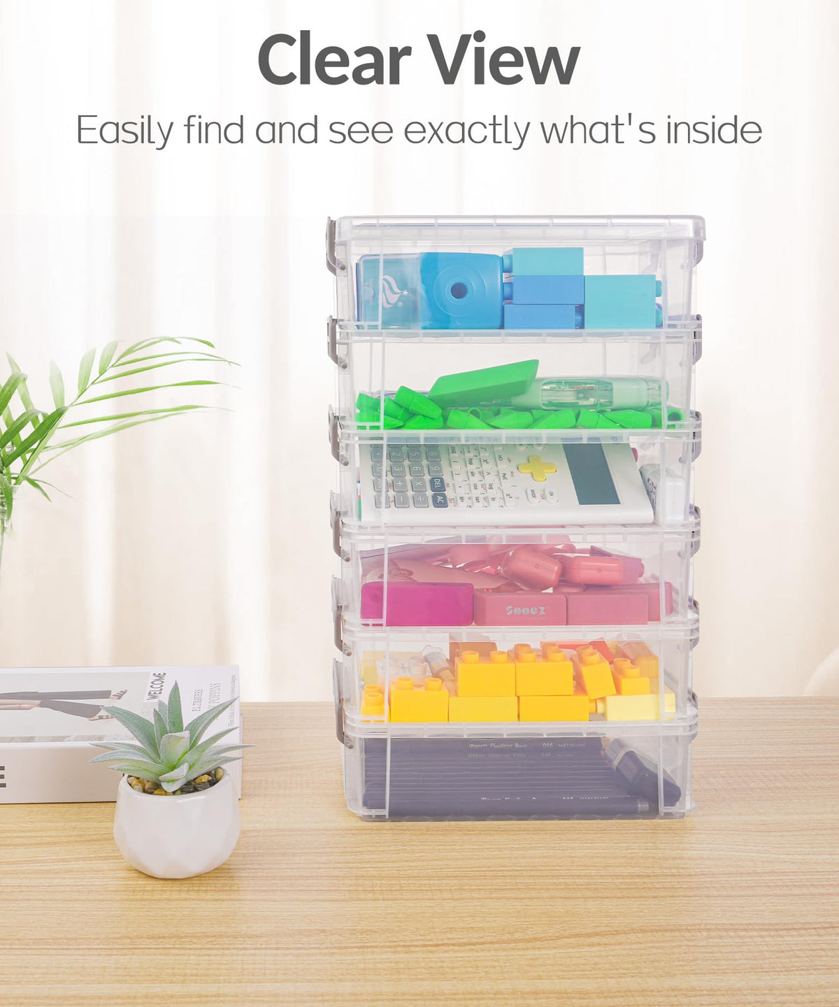 Sooez 6 Pack Extra Large Pencil Box, Plastic Pencil Case Crayon Box, Clear Marker Organizer Plastic Containers with Lid, Stackable Storage Boxes for Art Craft,Pen,Back to School Teacher Supplies, Grey