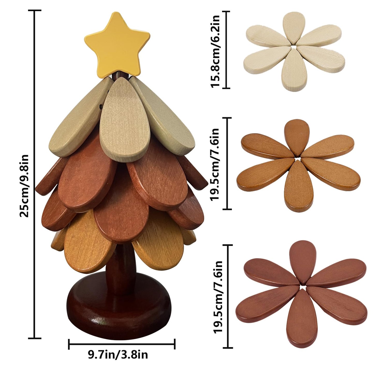 Wooden Trivets for Hot Dishes, Tree Shape Trivet Set, 4 Natural Solid Wood + 1 Stand stored Like a Christmas Tree,Foldable Kitchen Wooden Trivet for Pot Bowl Teapot Hot Pot Holder (Wood)