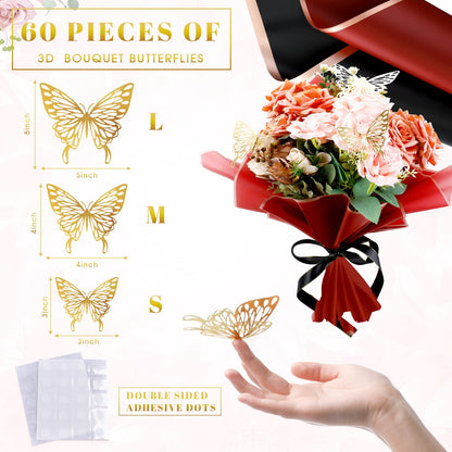 Outus 60 Sheets Flower Bouquet Wrapping Paper Mother's Day Waterproof Floral Wrapping Paper with 60 3D Butterfly 100 Flower Pins 2 Rolls Ribbon Florist Supplies for Wedding(Red, Black, White)
