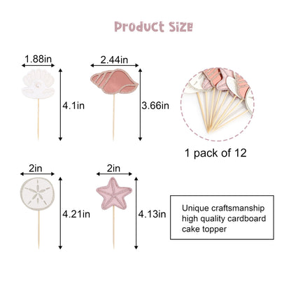 Mermaid Sea Shell Theme Cupcake Toppers - Oneder the Sea Birthday Decorations, 12 PCS Neutral Boho Ocean Beach Cupcake Topper, Under the Sea Party Decor, Mermaid Baby Shower Decoration