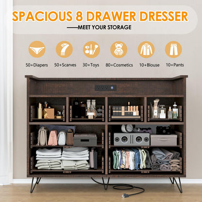 Hetoy Wooden Dressers for Bedroom with 8 Storge Drawers & LED Lights and Charging Station, Brown Wood Chest of Drawers, Modern Deep Drawers Organizer for Closet, Living Room Hallway, Entryway