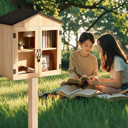 Little Library Box Outdoor Wooden Outside Library Book Box Literature Exchange Boxes Book Storage for Diy, Neighborhoods Community and Schools Sharing Literature and Newspapers (Wood Double doors)