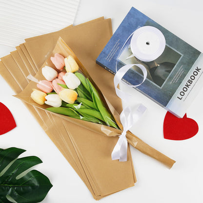 50 PCS Flower Wrapping Paper Sleeves for Bouquets, Kraft Bouquet Bags with Ribbons, Bulk Flower Sleeves for Mother’s Day Wedding Graduation Valentine, Florist Packaging Supplies, 17.7 x 9.4 x 3.5 Inches