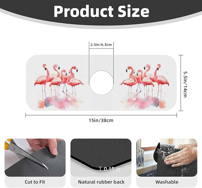 Kitchen Sink Splash Guard Faucet Mat Pink Flamingos Watercolor 15"x5.5"