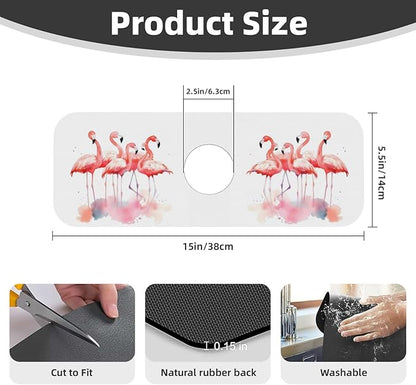 Kitchen Sink Splash Guard Faucet Mat Pink Flamingos Watercolor 15"x5.5"