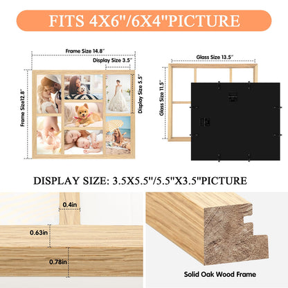MOUDAMION 4x6 Oak Wood Picture Frames Collage Wall Decor Natural Woodgrain, Solid Oak Wooden Family Photo Collage Frame 7 Openings, Glass Front, Wall Hanging Display 7 4x6 Pictures