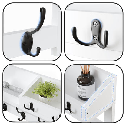 AMBIRD Wall Hooks with Shelf, 26.57 Inch Entryway Wood Coat Hooks for Wall, Coat Rack Wall Mount with 5 Dual Hooks 3 Key Hooks Mail Organizer and Key Rack Holder (White)