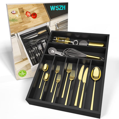 WUSHIZHUHUN Utensil Organizer Silverware Drawer Organizer - 7 Slots Bamboo Silverware Tray For Kitchen Cutlery Office Supplies Makeup Desk Storage Garage Tool Organization W13”x L17” (Black)