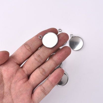 LANBEIDE 30 Pieces Stainless Steel Round Pendant Blank Tray, 30 Pieces Clear Glass Cabochons for Jewelry Making Camo Resin Druzy Cabochons 20x20mm (Total 60 Pcs)
