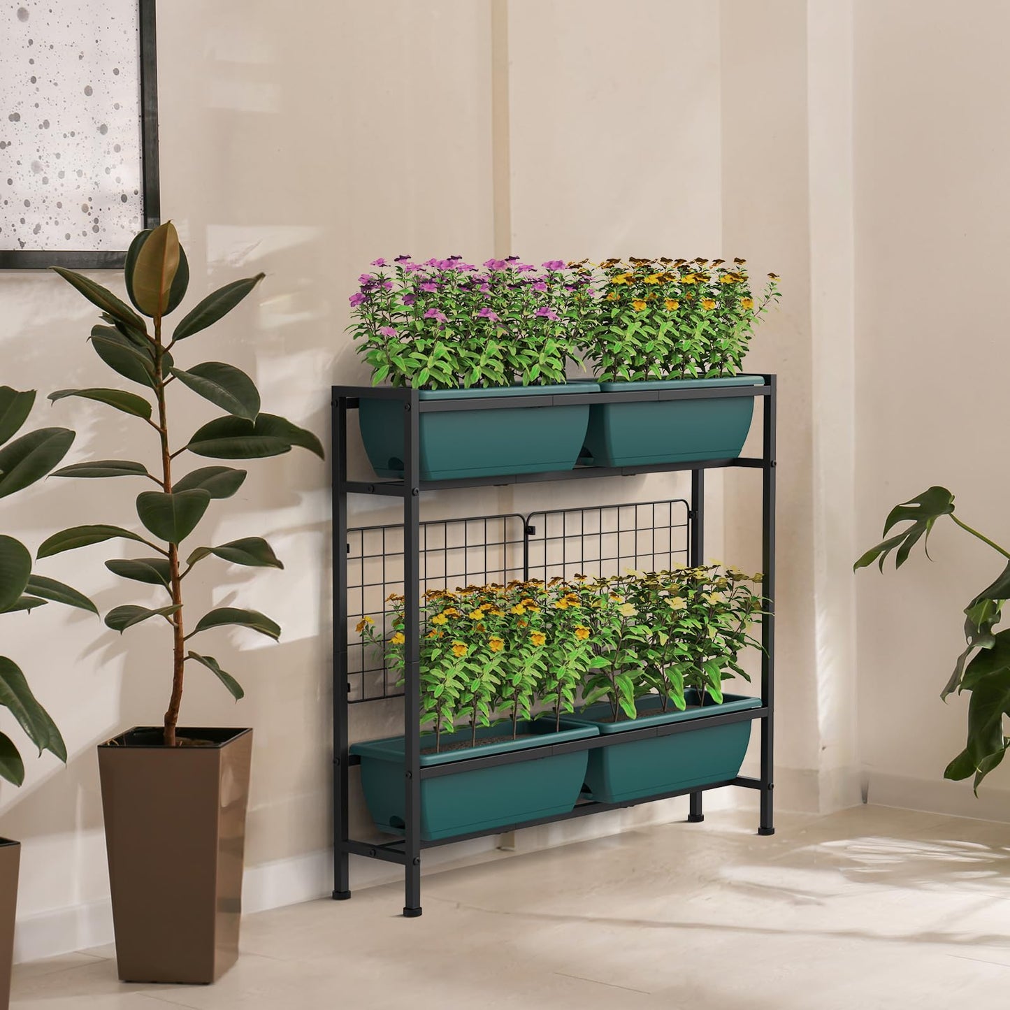 CADUKE Raised Planter Box with Legs, 32" Elevated Vegetable Garden Beds, Raised Garden Bed with Drainage Holes & Trellis, Herb Garden Planter Outdoor for Vegetables, Balcony, Patio, Green