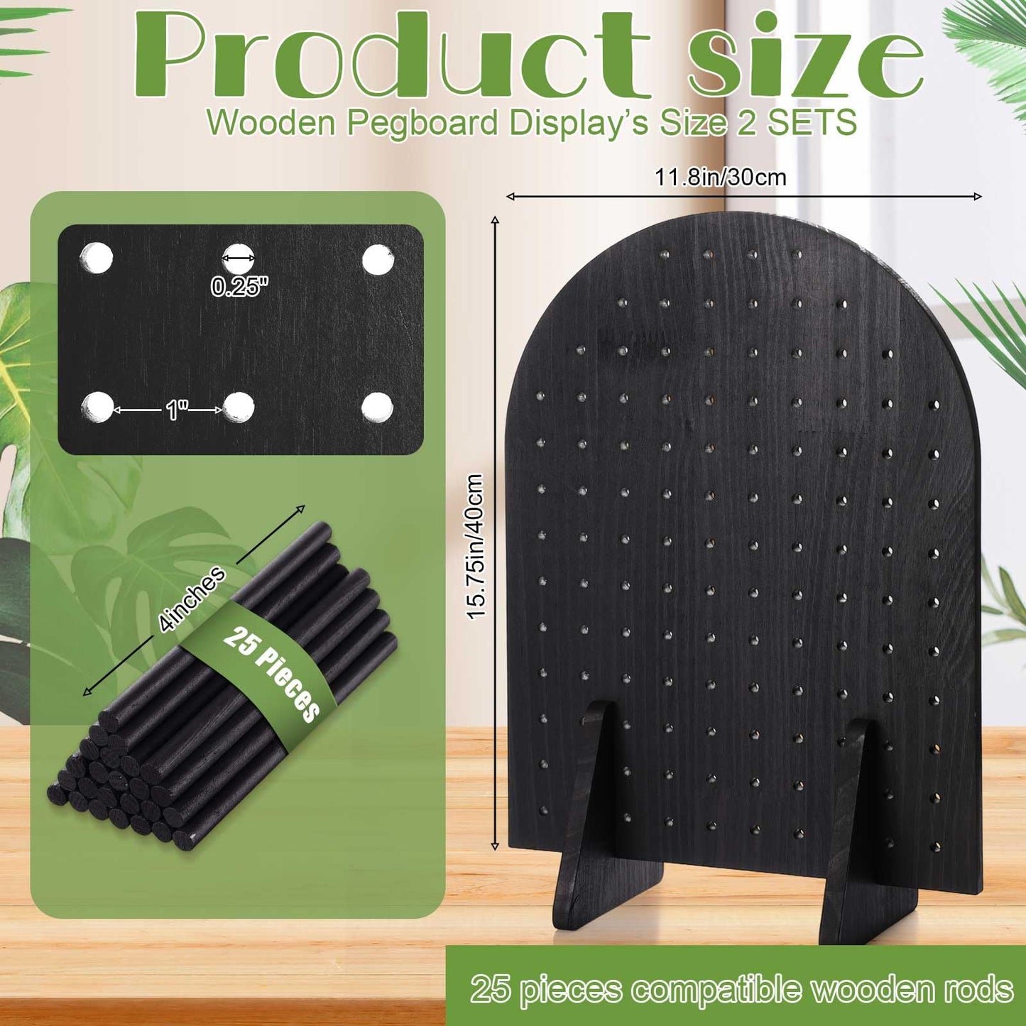 Colingmill 2 Sets Keychain Display Stand Wooden Pegboard Display Stand with 25 Pcs Dowel Rods Oval Bracelet Organizer Holder for Jewelry, Craft Shows, Necklace, Selling, 15.75" x 11.81" (Black)
