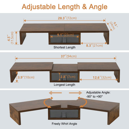 TEAMIX 3 Shelf Monitor Stand Riser With Drawer - Length and Angle Adjustable Dual Riser With Storage Corner Desk Shelf Organizer Large Computer Stand for 2 Monitors/Laptop (Brown, 1 Drawer)