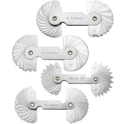 QWORK 4 Pack Radius Gauge Set, Precision Stainless Steel Measurement Tool for Convex & Concave Surfaces, R0.3-1.5mm/ R1-6.5mm/ R7-14.5mm/ R15-25mm