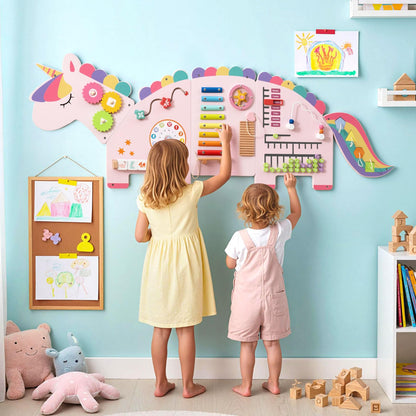 Costzon Activity Wall Busy Board, 11-in-1 Montessori Wooden Sensory Board Panels for Kids 3+, Wall-Mounted Toddler Learning Activity Center for Playroom, Daycare, Nursery, Classroom (Pink)