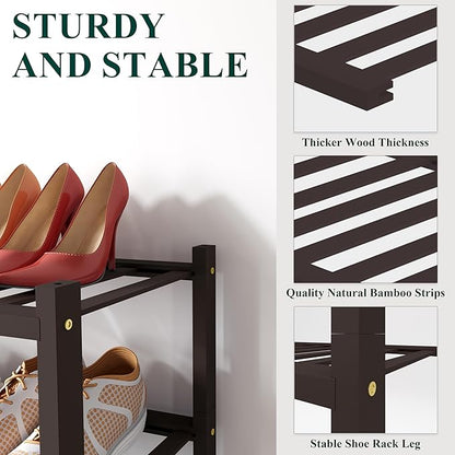 Smiry Small Bamboo Shoe Rack, 5 Tier Free Standing Wooden Shoe Organizer, Stackable Wood Shoe Storage Shelf for Closet, Entryway, 12 Vertical Slats, 2+2+1 Stack Standard Legs, 17.3"x11"x32.5", Brown