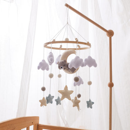 Baby Crib Mobile – Handmade Moon Bear Nursery Mobile, Mobile for Crib Neutral Felt Clouds Stars Hanging Toy, Beech Wood Ring Bassinet Mobile Baby Mobile Decor Gift