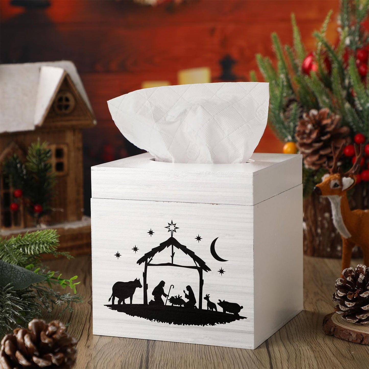 Yookeer Christmas Nativity Tissue Box Cover Square Wooden Decorative Tissue Box Holder Cube Organizer for Home Tabletop Night Stands Bathroom Kitchen Car Desk Office Decor, 5.9 x 5.9 x 5.9 Inches