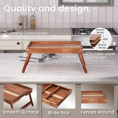 Fibogollo 2 Pack Acacia Wood Bed Tray Table with Folding Legs,Breakfast Trays,Serving Tray for Food and Snack,Laptop Trays for Working(Natural)