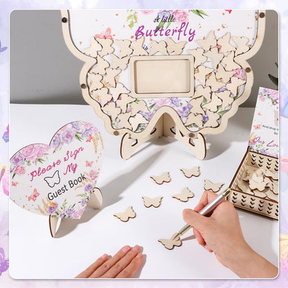 66pcs Butterfly Baby Shower Guest Book Alternative Wooden Guest Sign in Butterfly with Sonogram Photo Frame Butterfly Floral Guestbook Pregancy Keepsake Gender Reveal 1st Birthday Party Decorations
