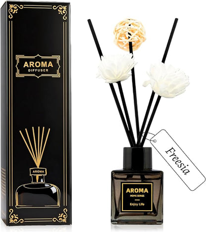 Black Glass Bottle Scent Diffuser, 1.7 oz Reed Diffuser with Sticks, Home Fragrance for Bookshelf, Bedroom Vanity, Office Desk & Bathroom Decor, Air Freshener for Aesthetic Room Decor (Freesia)