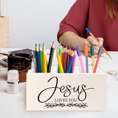 QZQE Christian Pen Pencil Holder Organizer for Desk, Christian Gifts for Women, Jesus Loves You Bible Verse Scripture Wooden Box Signs Decorations for Home Office Desk Tabletop, Religious Gifts