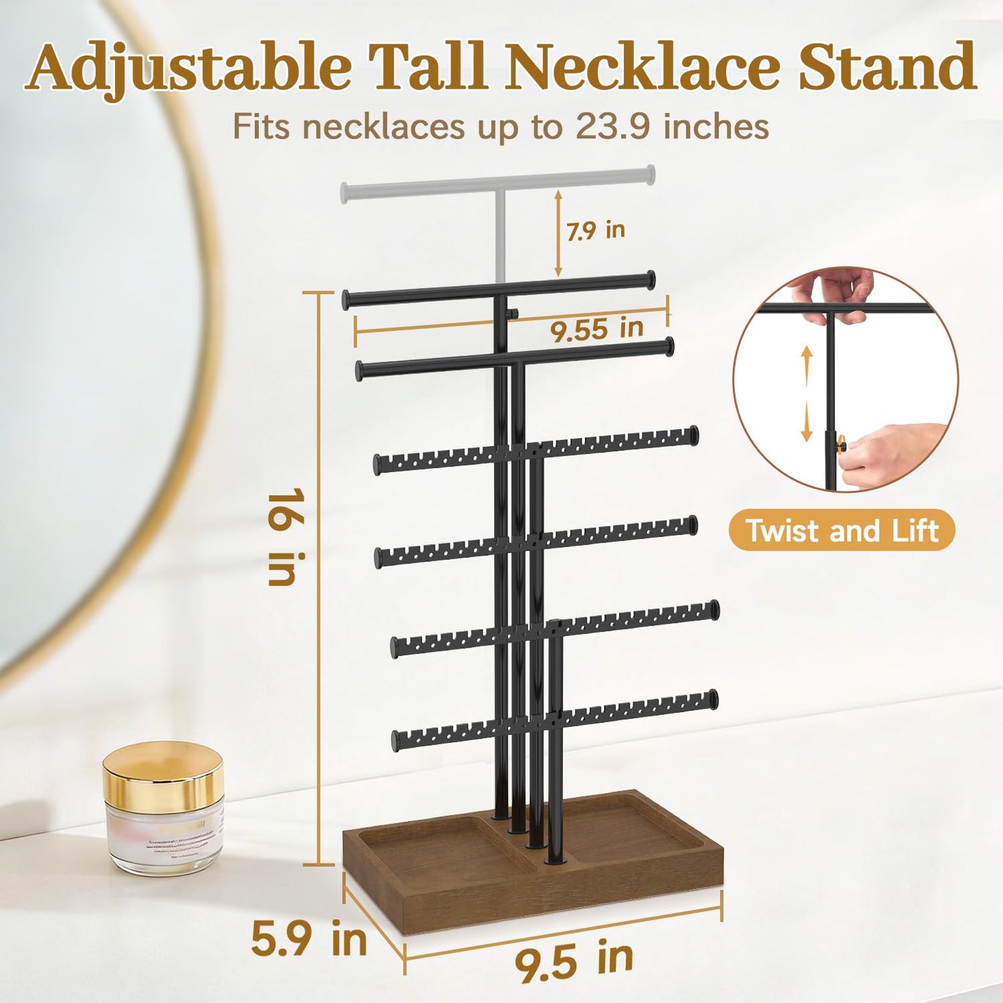 MODOWEY Necklace Holder Organizer Earring Display Stand with Wooden Tray, Metal Adjustable Bracelet Tree Rack for Women Vendor Selling, 6 Tier Tall T Bar Large Storage Tower for Find Jewelry In Second