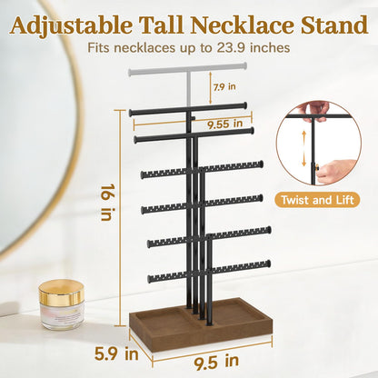MODOWEY Necklace Holder Organizer Earring Display Stand with Wooden Tray, Metal Adjustable Bracelet Tree Rack for Women Vendor Selling, 6 Tier Tall T Bar Large Storage Tower for Find Jewelry In Second