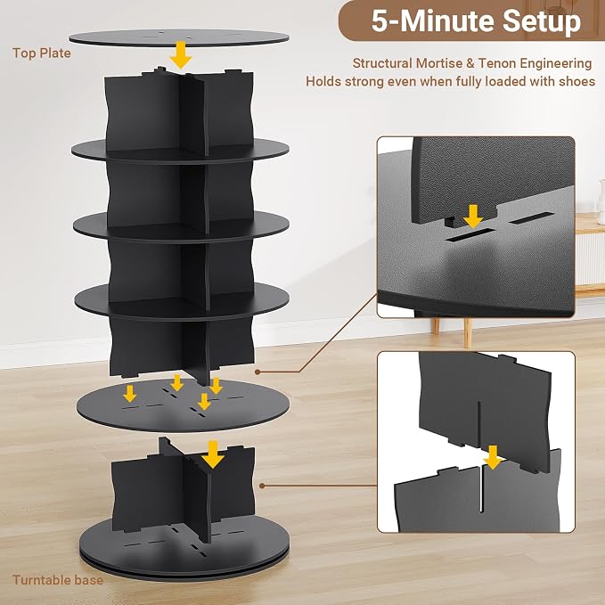7-Tier Rotating Standing Shelf Unit with Dividers, 360° Storage Display Tower Vertical Floor Organizer, for Bedroom, Closet, Entryway & Office, Ideal for Shoes, Cosmetics & Handbags, Black