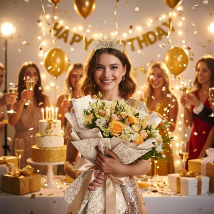 Tondiamo 63 Pcs Flower Bouquet Accessories Include 6.1 x 2.8 Inch Crystal Queen Crown Tiara for Women Bouquet Pins and Butterflies Decor for Flower Arrangements Cake Topper Wedding Birthday(Gold)