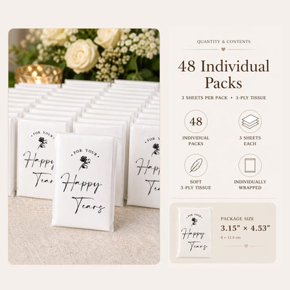 DORIS HOME Happy Tears Tissue Packs, 48 Count, 3-Ply Individual Facial Tissues for Wedding Guests, Ceremony, Reception, Bridal Shower