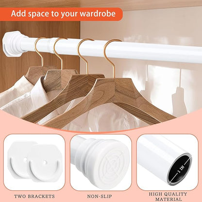 Closet Rod, 30 to 52 Inch Adjustable Closet Rods for Hanging Clothes Heavy Duty Closet Hanging Rod White Closet Poles for Wardrobes with No Drilling Holder