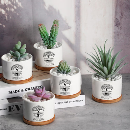 Sieral 6 Pcs Fathers Day Christian Rooted in Christ Small Succulent Pots with Bamboo Tray - 3.15 Inches Mini Ceramic Succulent Planter for Dad Religious Spiritual Bible Gifts, Plants Not Included
