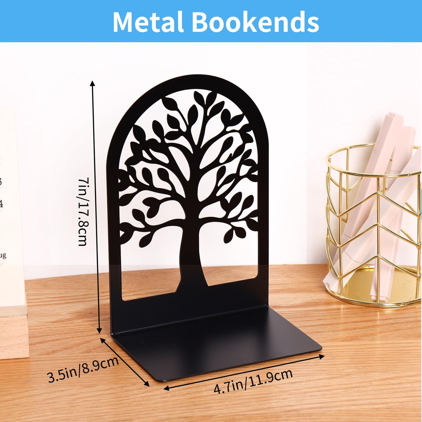 EOOUT Bookends for Shelves Decorative, 5 Pairs (10 Pack) of Tree Bookends Supports, Black Metal Book Stoppers for Heavy Books, Heavy Duty Book Ends for Home Office School.