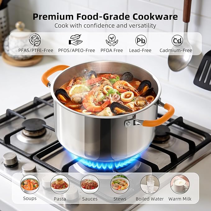 Ciwete Stainless Steel Stock Pot, 5.2 Quart Soup Pot with Lid, Heavy-Duty Thick Bottom Induction Cooking Pot for Pasta, Stew & Simmering, Even Heating, Compatible with All Cooktops, Dishwasher Safe