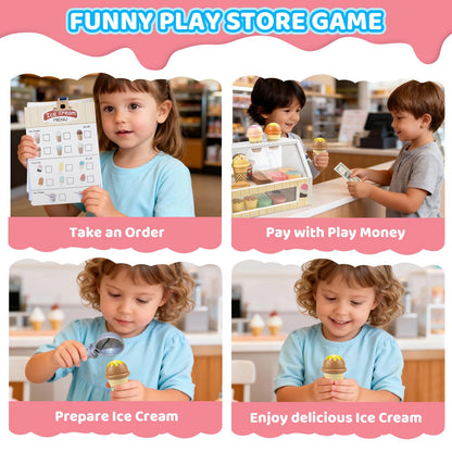 Wooden Ice Cream Toys – 32 pcs Pretend Ice Cream Play Set with Scooper, Menu, Fake Money & Storage | Wooden Play Store Counter Shop & Toy Gift for Toddlers Girls Boys Ages 3 4 5 6 7 8