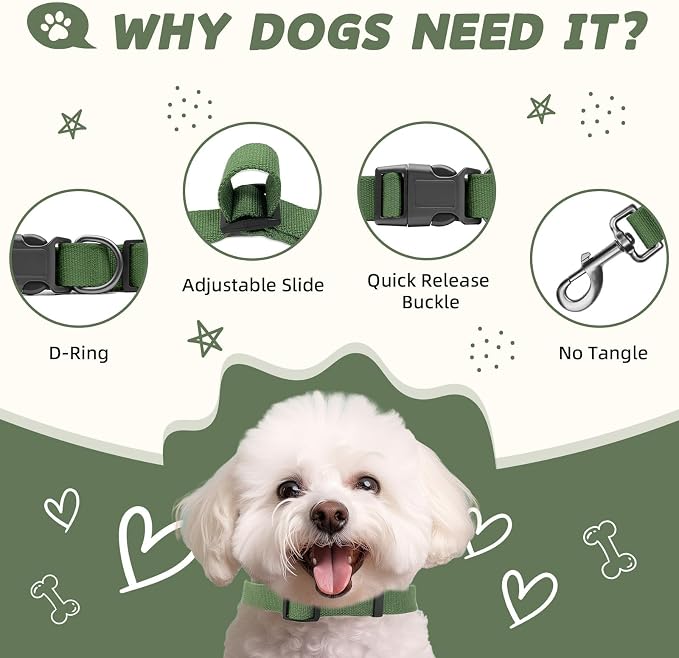 Green Dog Collar and Leash Set for Medium Dogs Soft and Breathable of 90% Rayon from Bamboo and 10% Polyester Comfortable Skin-Friendly, Adjustable Leash Set with Quick Release Buckle