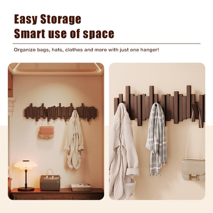 Acsigesn Wooden Coat Rack Wall Mounted Sticks Multi Rack Solid Handmade Natural Walnut Wood Artwork with 5 Flip-Down Unique Modern Hooks for Coats Bag Hat Umbrella