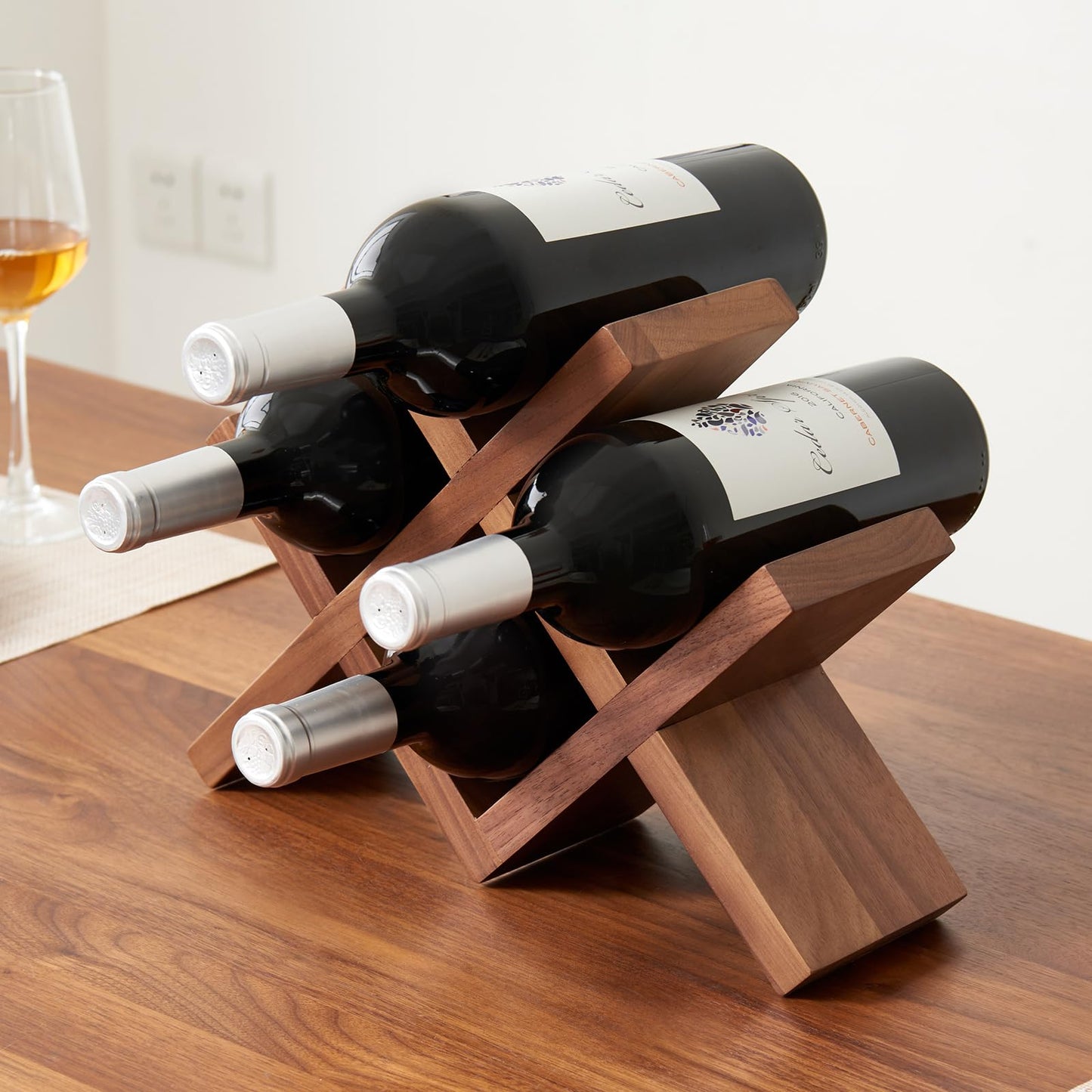 Rsuwiz Solid Oak Wine Rack Countertop, 4 Bottle Tabletop Wine Holder - No Assembly Free Standing Wood Display for Kitchen, Bar, Office, Living Room | Walnut