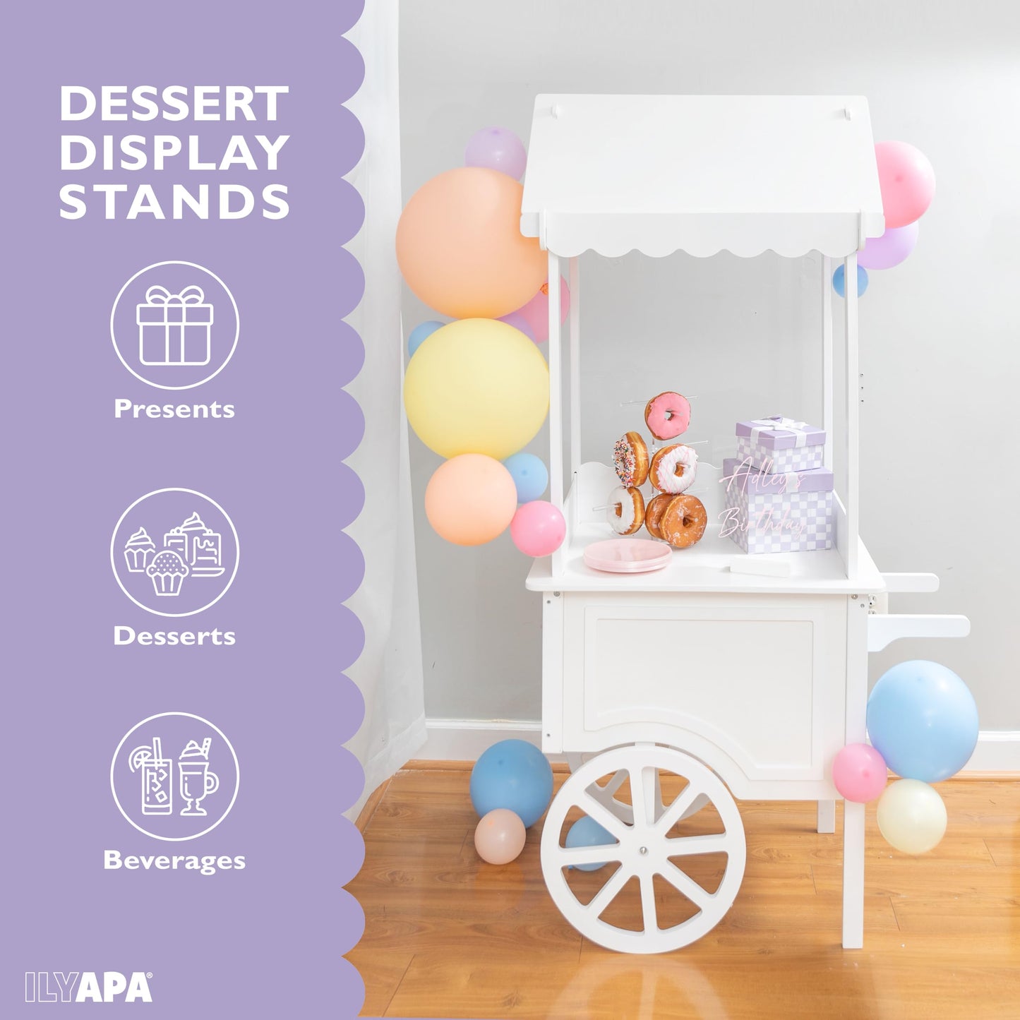 Ilyapa Candy Cart for Party with Wheels for Events - 5'6 Ft Tall, 2'11 Ft Long Wooden Dessert Cart for Candy Display, Treats, and Ice Cream for Events