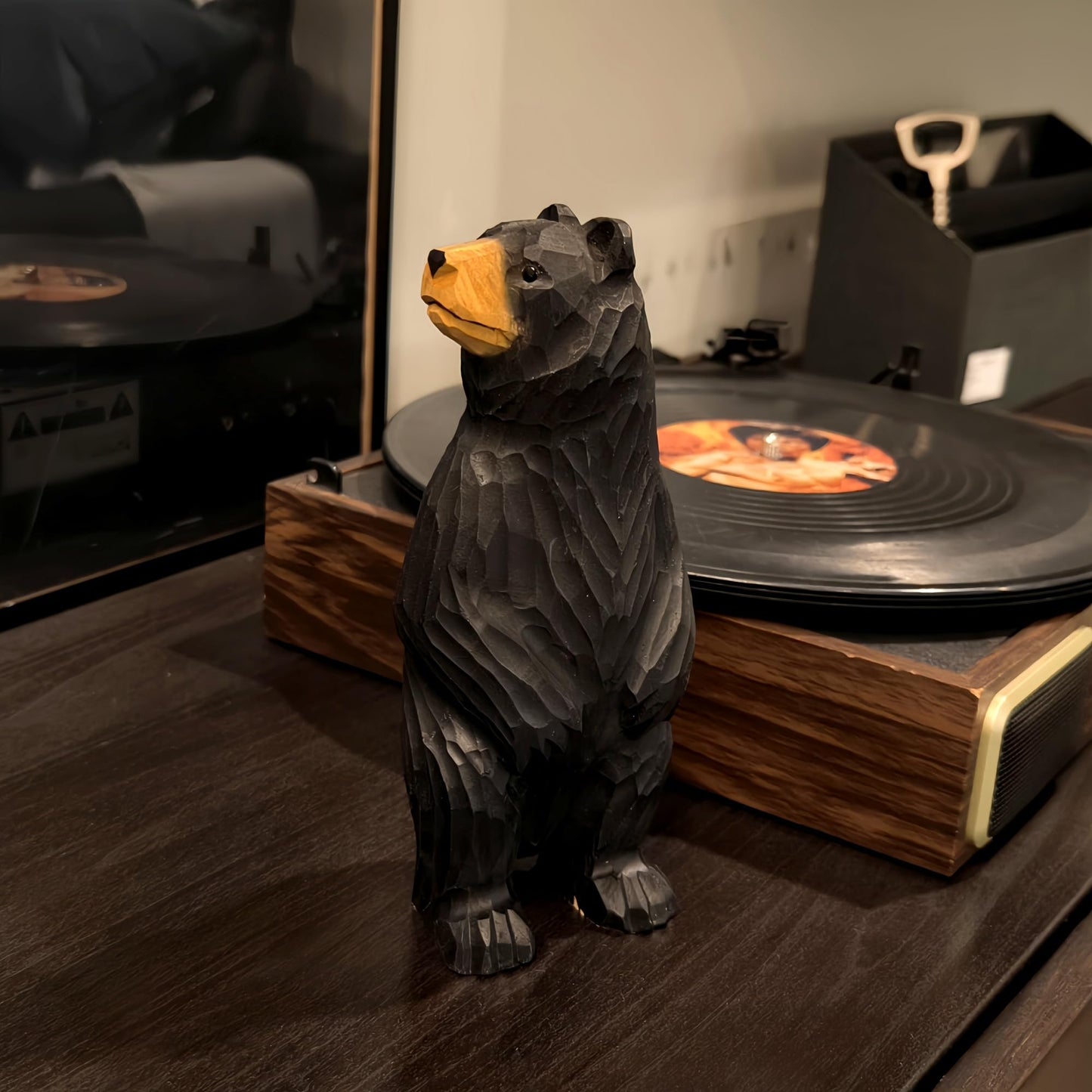 BEAULEMNA 7.5’’HHand Carved Wooden Standing Black Bear Figurine North American Black Bear Figurine for Home Decor Unique Presents and Collectibles