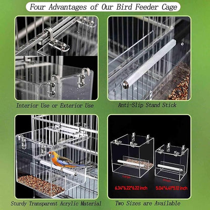 Automatic Bird Feeder for Cage, Automatic Acrylic Bird Feeder No Mess Bird Cage for Small Bird Parrots Canary Parakeet Budgerigar Crested Myna Cockatiel (Small)