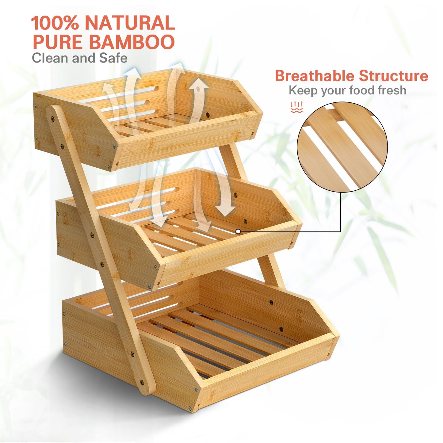 G.a HOMEFAVOR Bamboo Fruit Basket, Fruit Organizer for Kitchen Counter, Vegetable Storage Stand, 15 mm Thickness (Self-assembly)