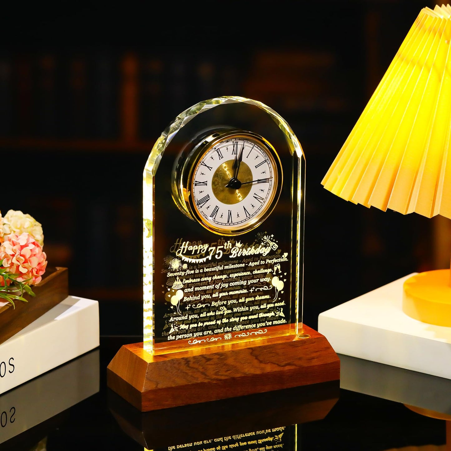 Arikyrist Happy 75th Birthday Glass Clock Gifts for Women, Men - 75 Year Old Birthday Gift with Wooden Light Base for Her Him, Turning 75 Quartz Clock Gift Idea for Parents Unique Desk Decoration