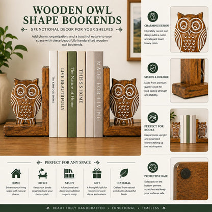 eTroves Wood Bookends for Shelves. Decorative Wooden Owl Bookend for Heavy Books, White Wood, 6 Inch