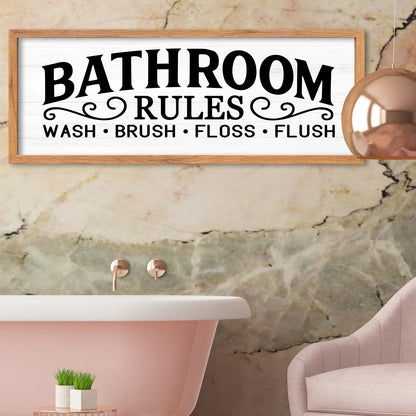 AuraPeak Bathroom Rules Wash Brush Floss Flush Wall Decor Funny Wooden Quote Sign Home Farmhouse Laundry Room Restroom Toilet Shelves Hanging Art Wall Decor (Wood White 32"×12")