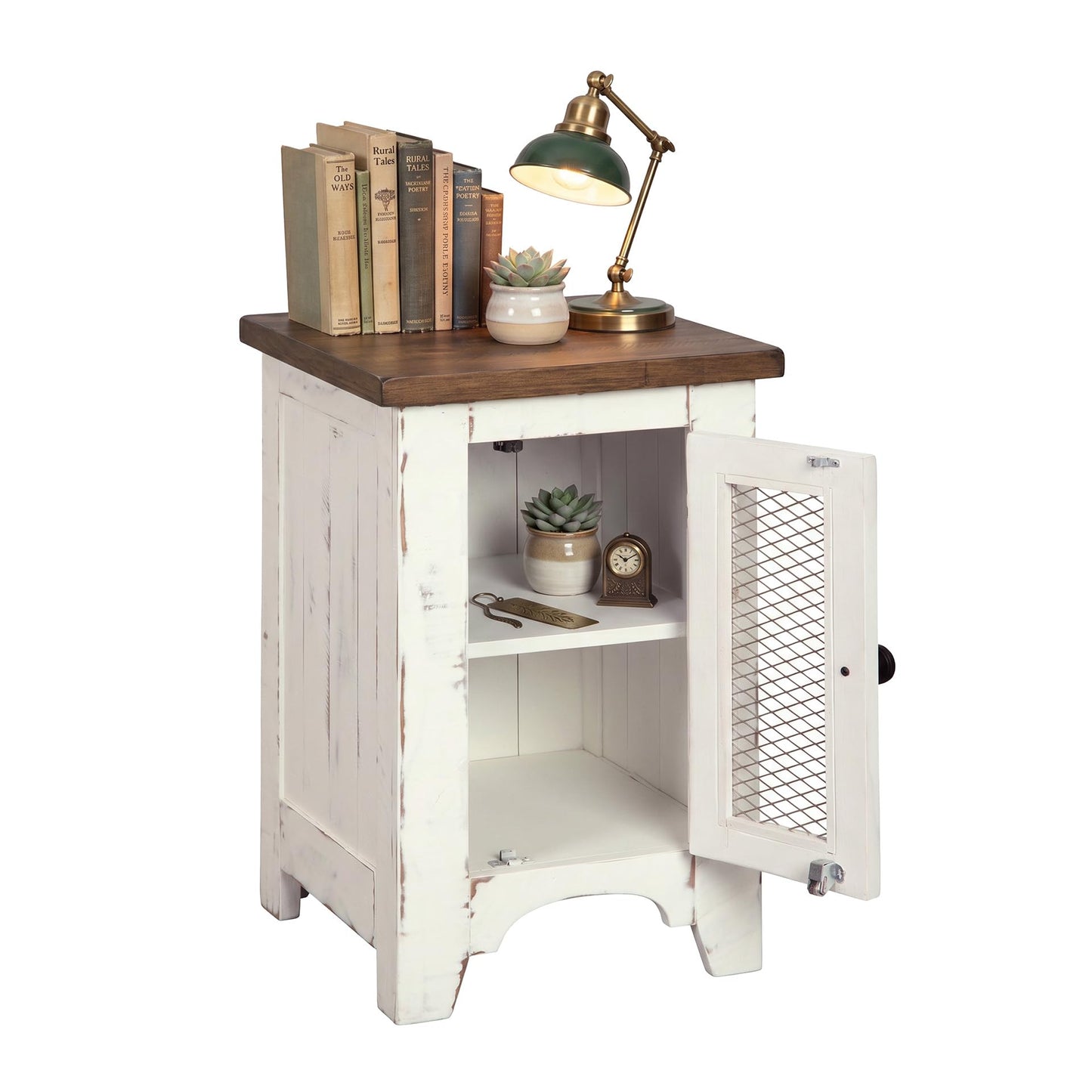 Signature Design by Ashley Wystfield Farmhouse Chair Side End Table with Cabinet Door for Storage, White & Brown with Distressed Finish