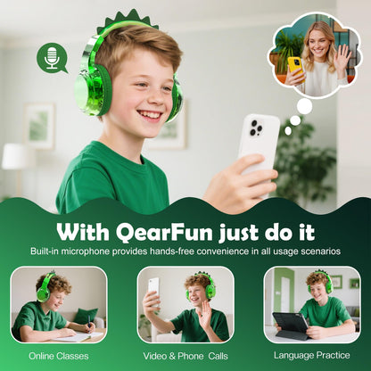 QearFun Kids Dinosaur Bluetooth Headphones, 60H Playtime, 74/85/94dB Safe Volume Limit, Metallic Gradient Wireless Headset with Mic, Fast Charging, Foldable, Wired Mode for Girls School/Tablet/Travel